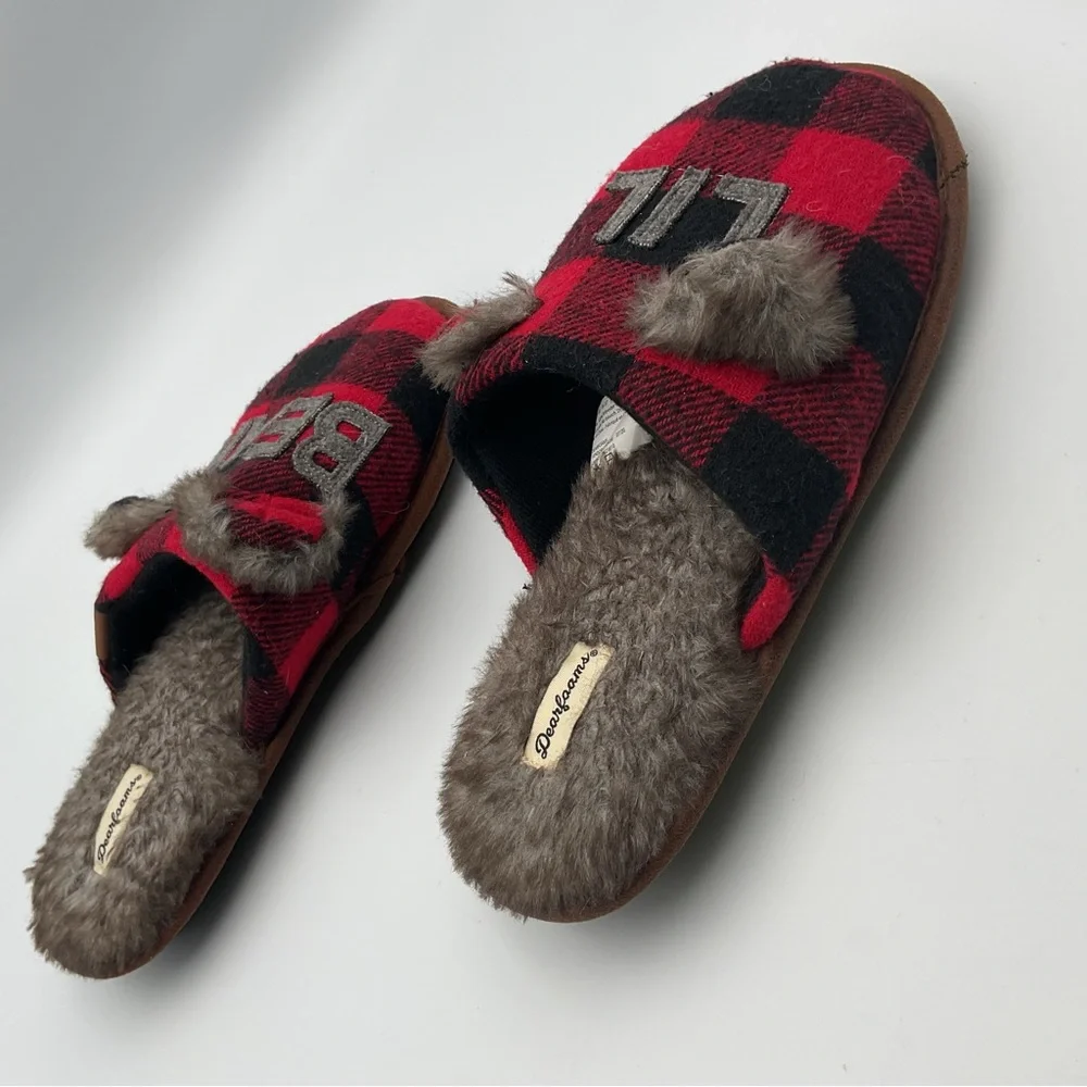 Dear Foams Slippers Youth 4-5 Womens 5.5 Buffalo Check Lil Bear Mule Flats Red